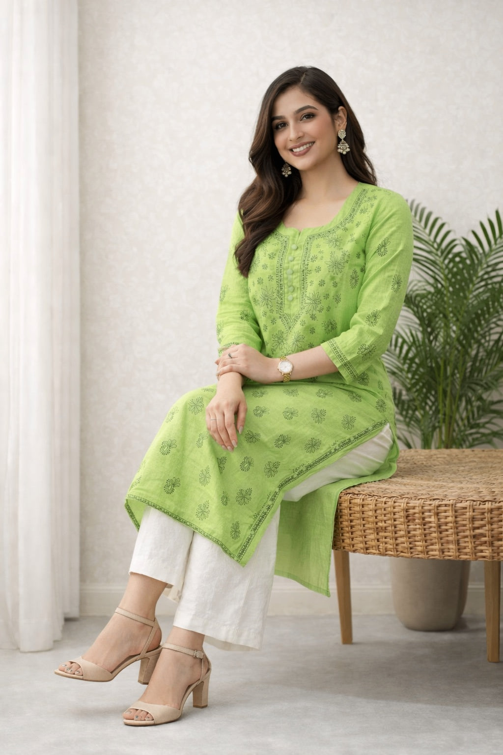 Karigiri Lime Green Pure Cotton Chikankari Kurti_KF0119