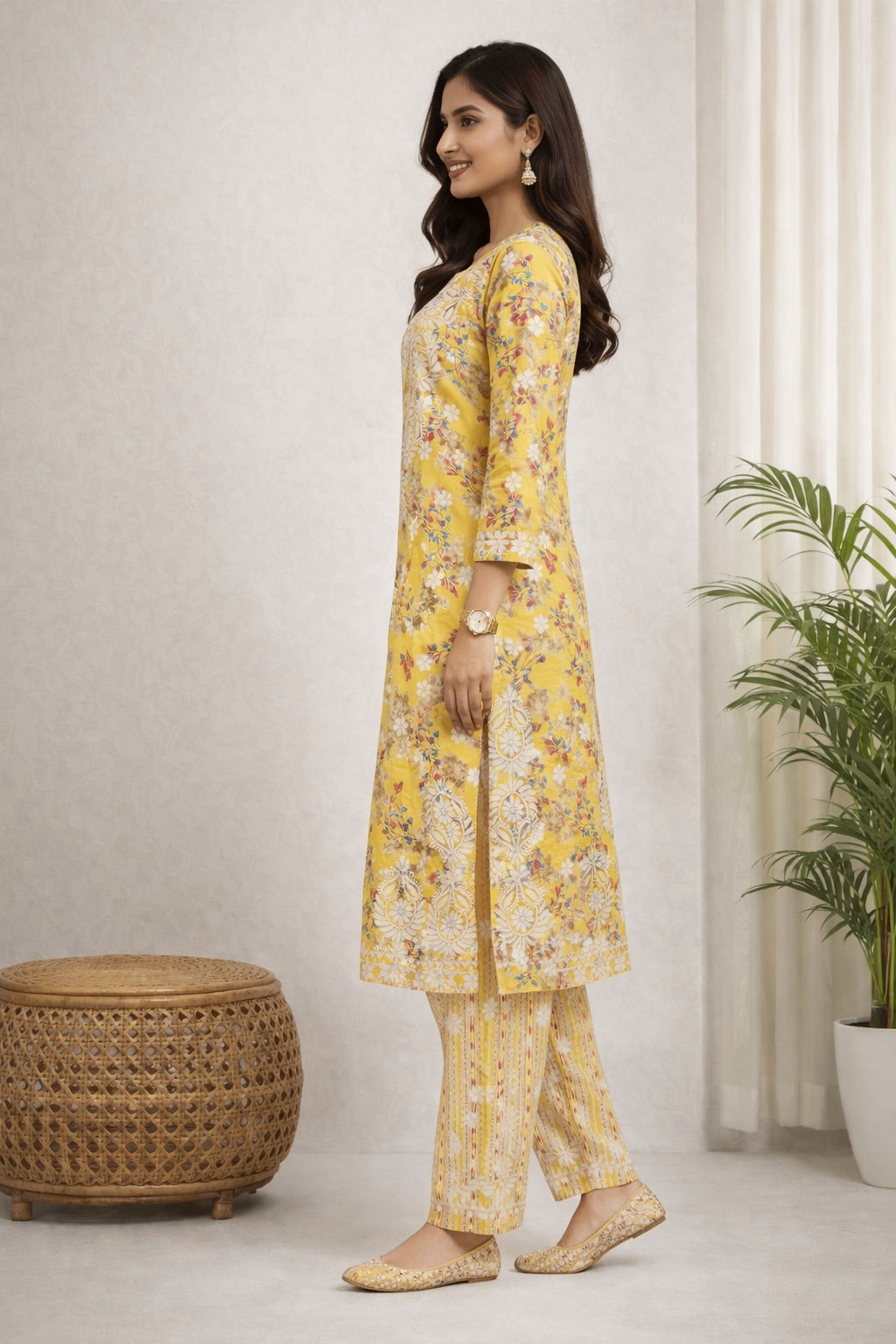 Karigiri Yellow Chikankari Printed Cotton Kurti Set_KF0185