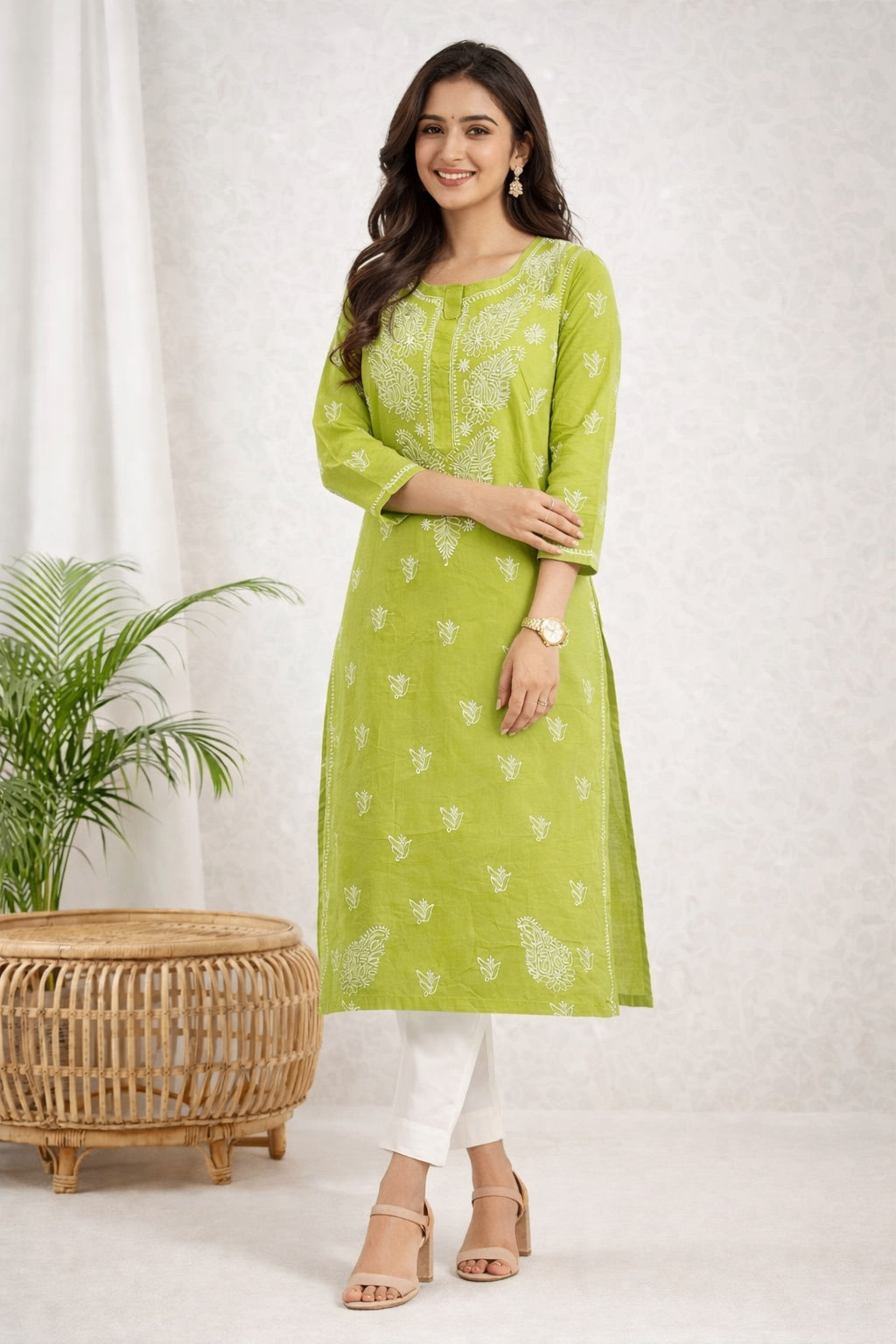 Karigiri Green Chikankari Pure Cotton Kurti_KF0036