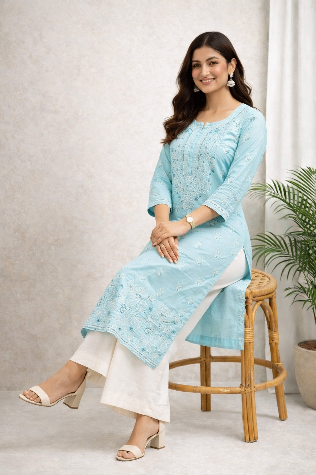 Karigiri Sky Blue Chikankari Cotton Kurti for Women_KF0184