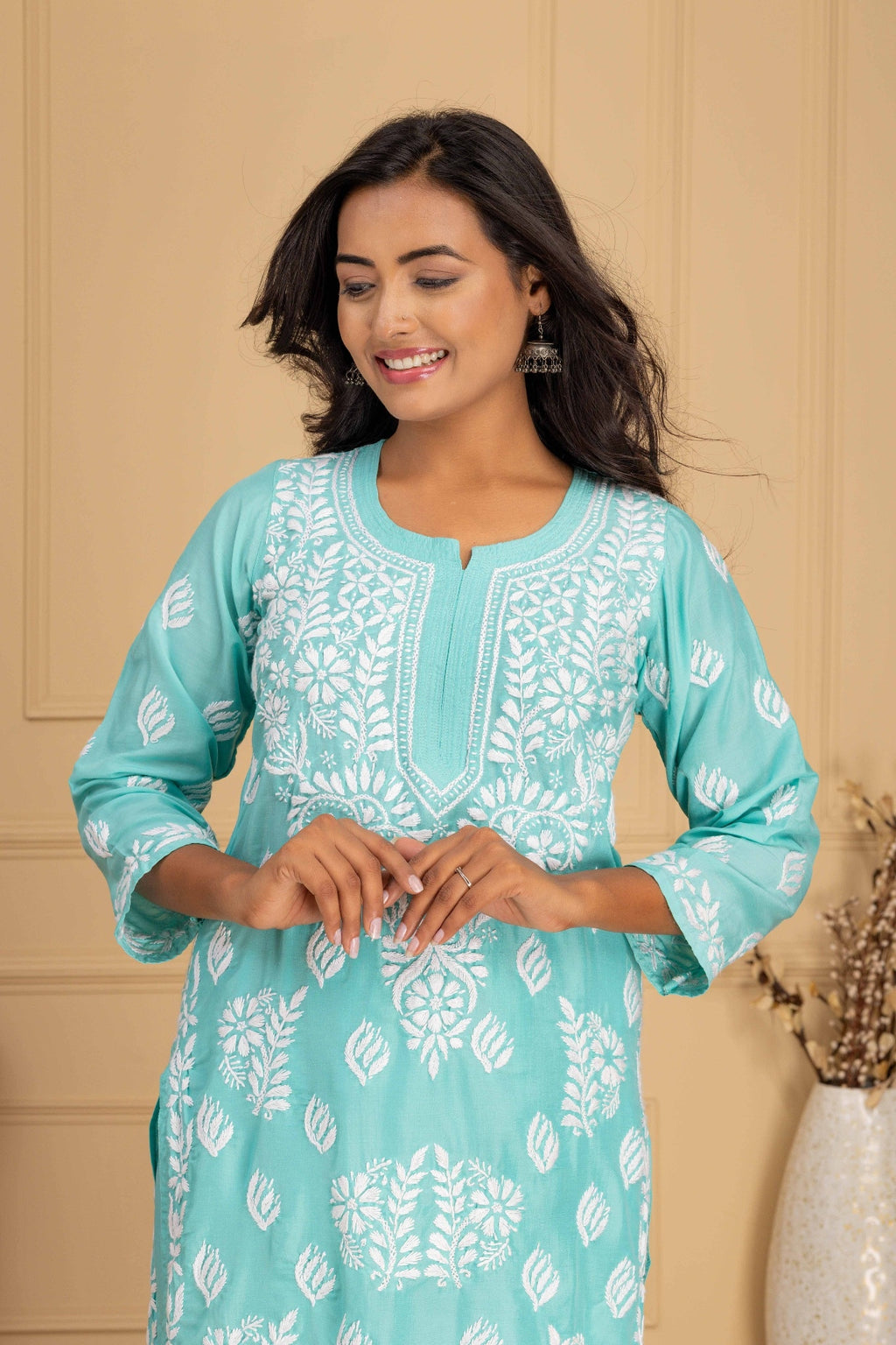Karigiri Aqua Green Chikankari Hand Embroidered Muslin Kurti Set with White Floral Motifs, 3/4 Sleeves