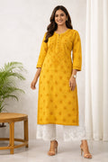 Karigiri Mustard Yellow Chikankari Cotton Kurti_KF0081