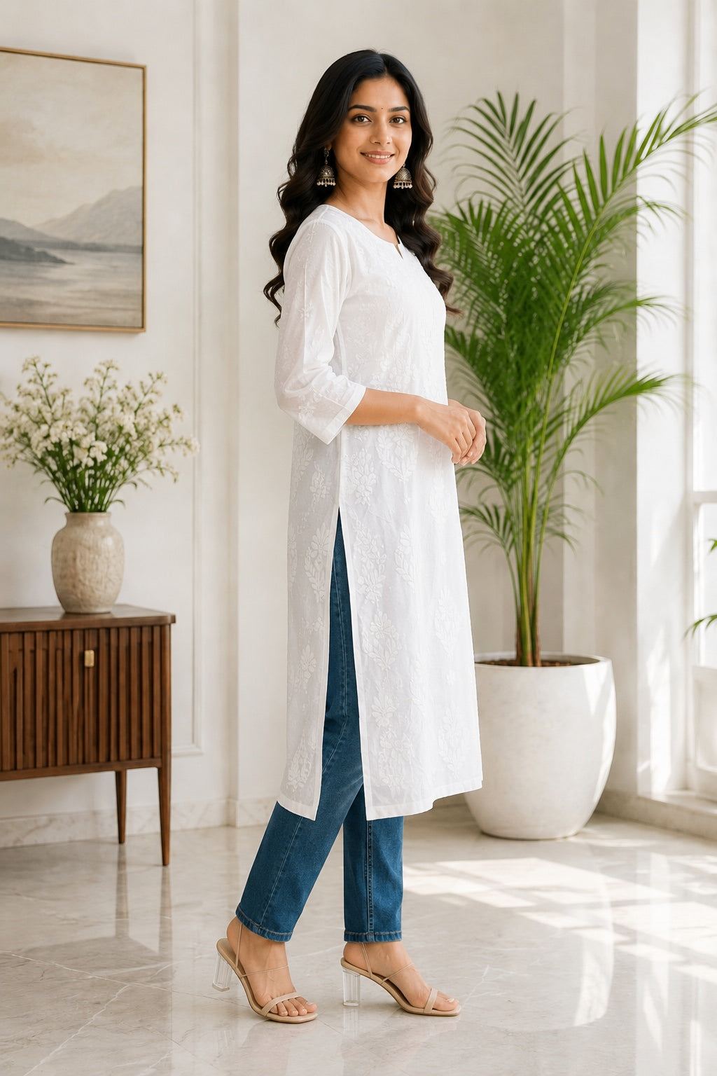 Karigiri White Lucknowi Chikankari Mulmul Cotton Kurti_KF0202