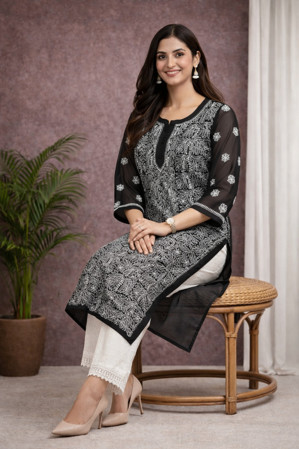 Karigiri Black Chikankari Georgette Jaaldar Kurti_KF0012