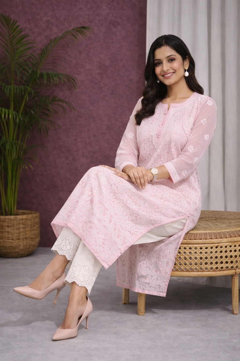 Karigiri Blush Pink Chikankari Georgette Kurti_KF0024