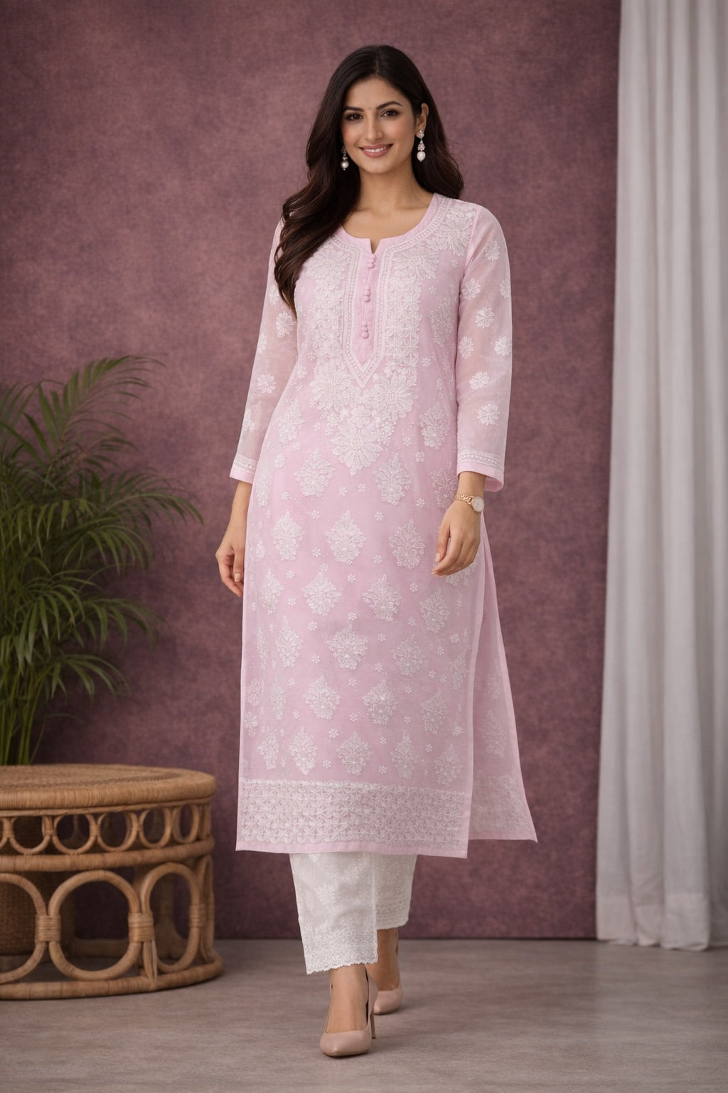 Karigiri Baby Pink Chikankari Georgette Kurti_KF0003