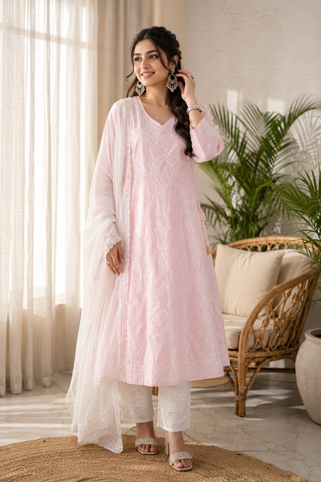 Karigiri Baby Pink Hand Embroidered Chikankari Cotton Anarkali Kurti