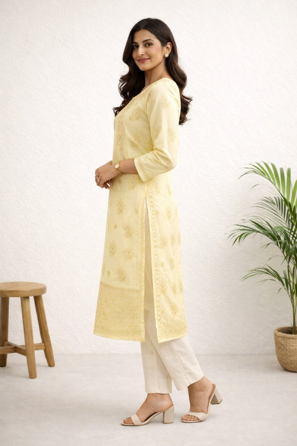 Karigiri Soft Yellow Chikankari Cotton Kurti_KF0094
