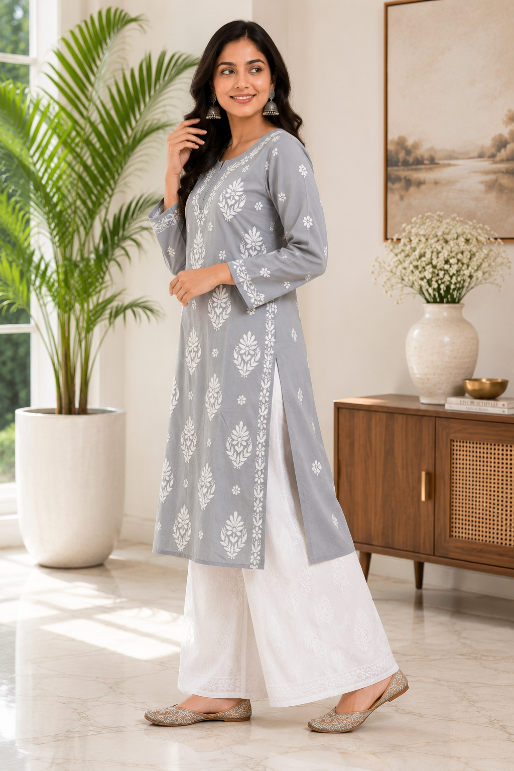 Karigiri Grey Mulmul Cotton Chikankari Kurti Women_KF0040
