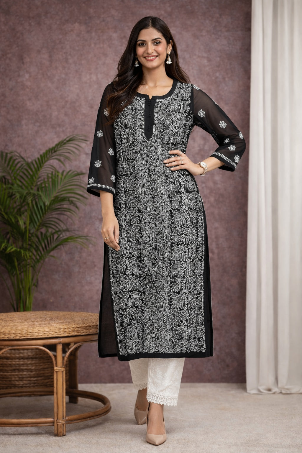 Karigiri Black Chikankari Georgette Jaaldar Kurti_KF0012