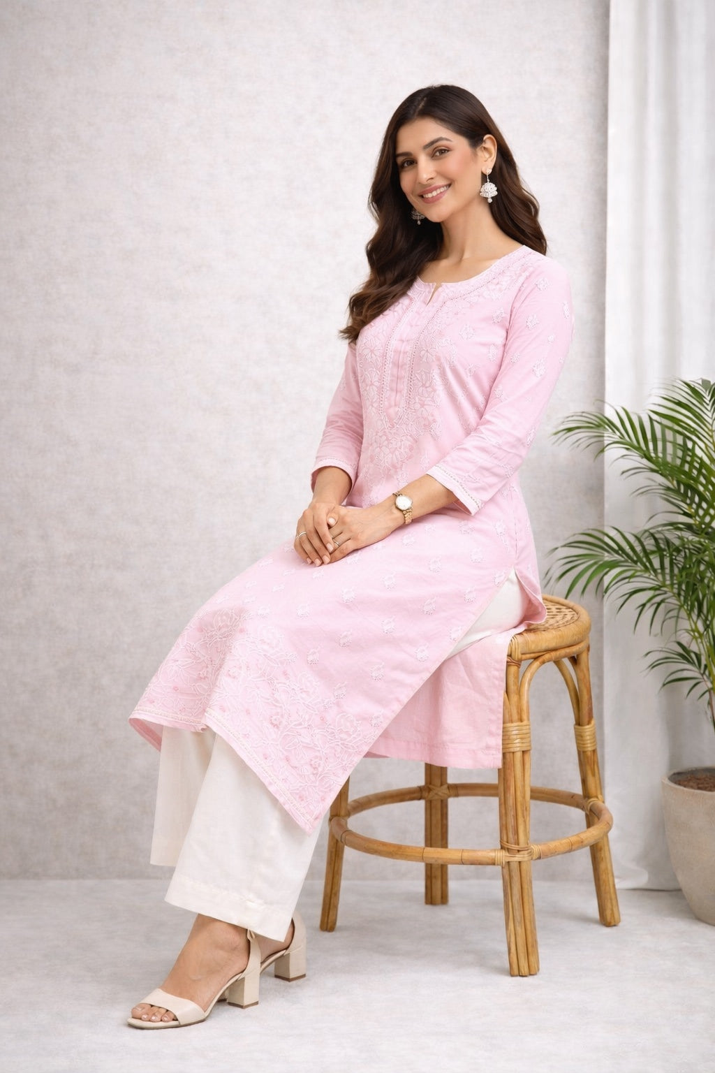 Karigiri Blush Pink Chikankari Cotton Kurti Women_KF0018