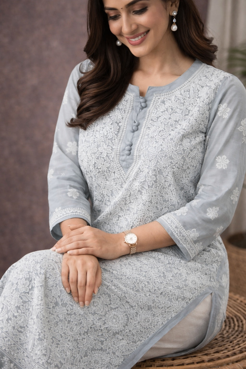 Karigiri Grey Georgette Chikankari Jaaldar Kurti_KF0038