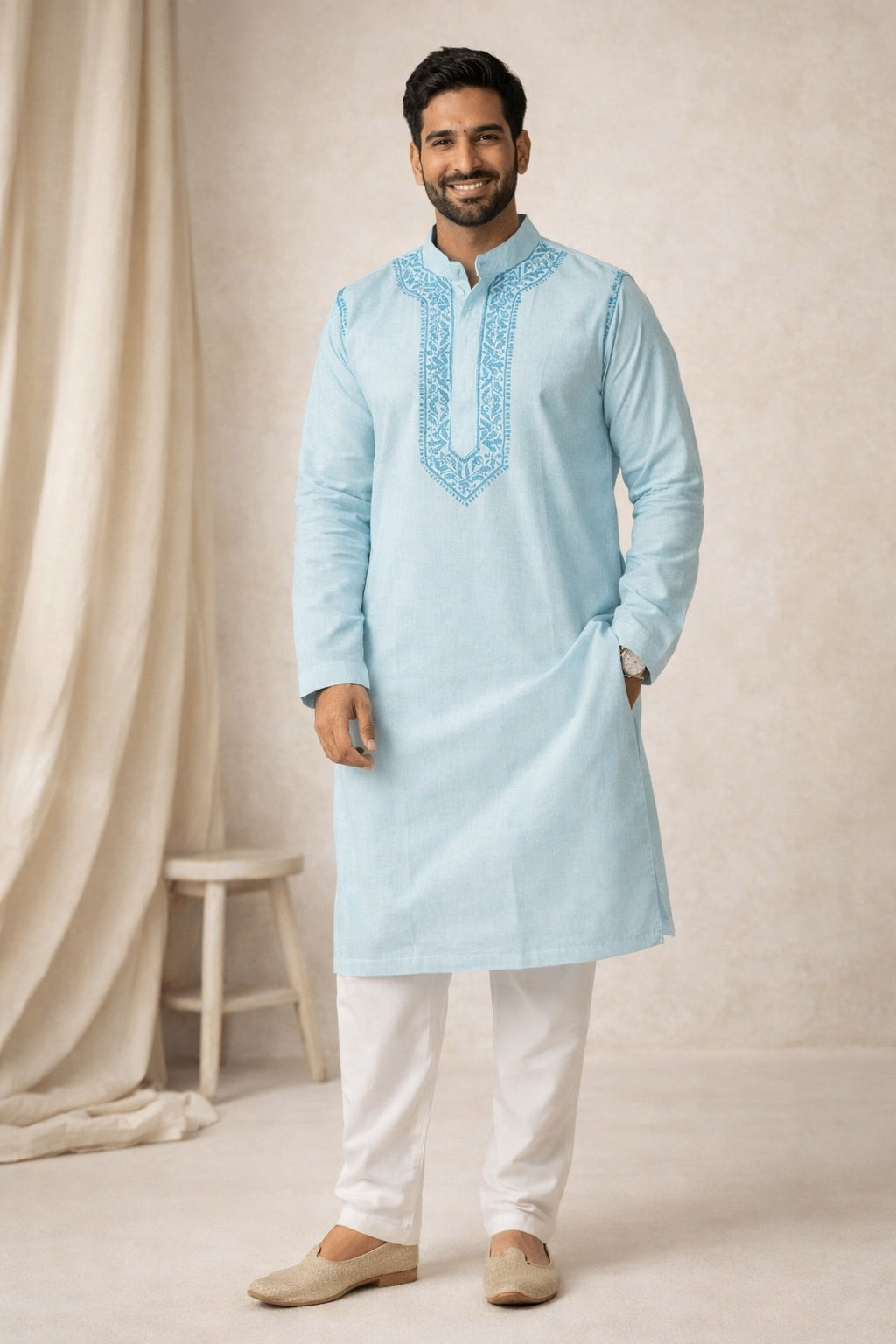 Karigiri Sky Blue Lucknowi Chikankari Cotton Men's Kurta_KF0183