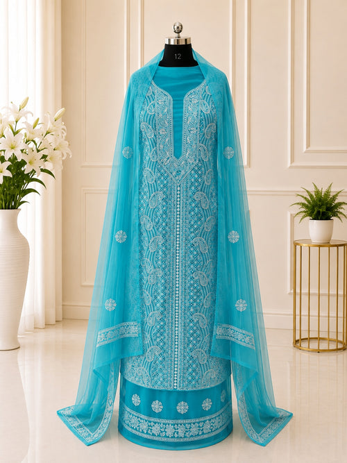 Karigiri Aqua Blue Chikankari Georgette Unstitched Dress Material