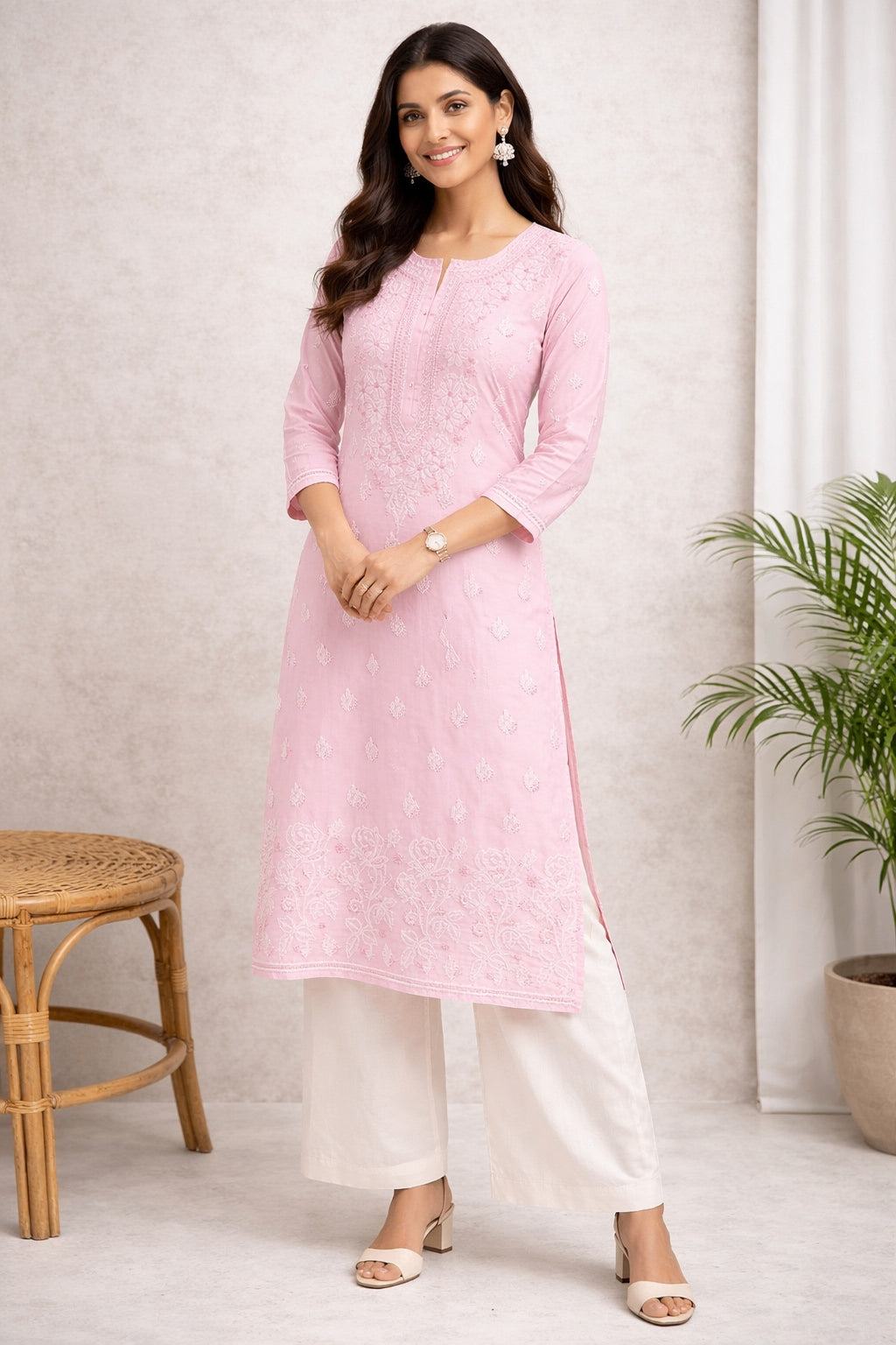 Karigiri Blush Pink Chikankari Cotton Kurti Women_KF0018