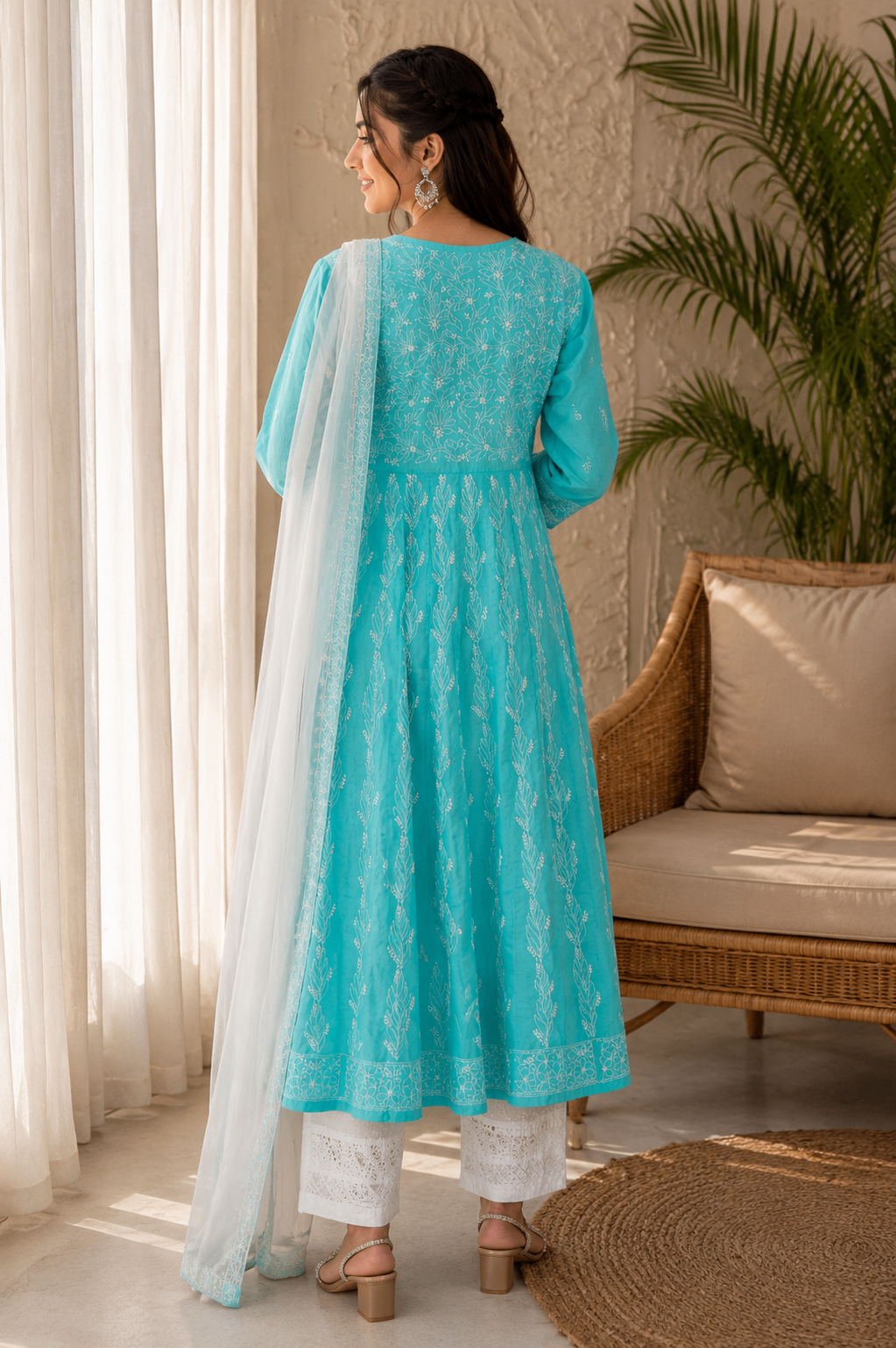Karigiri Aqua Blue Hand Embroidered Chikankari Cotton Anarkali Kurti