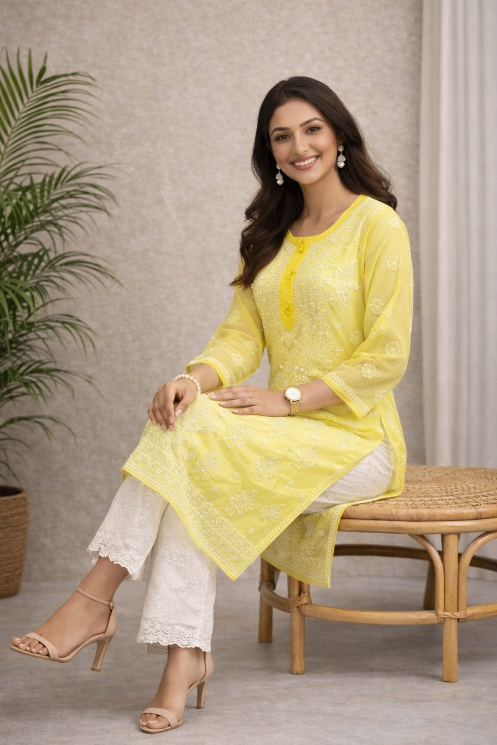 Karigiri Yellow Chikankari Georgette Kurti Women_KF0052