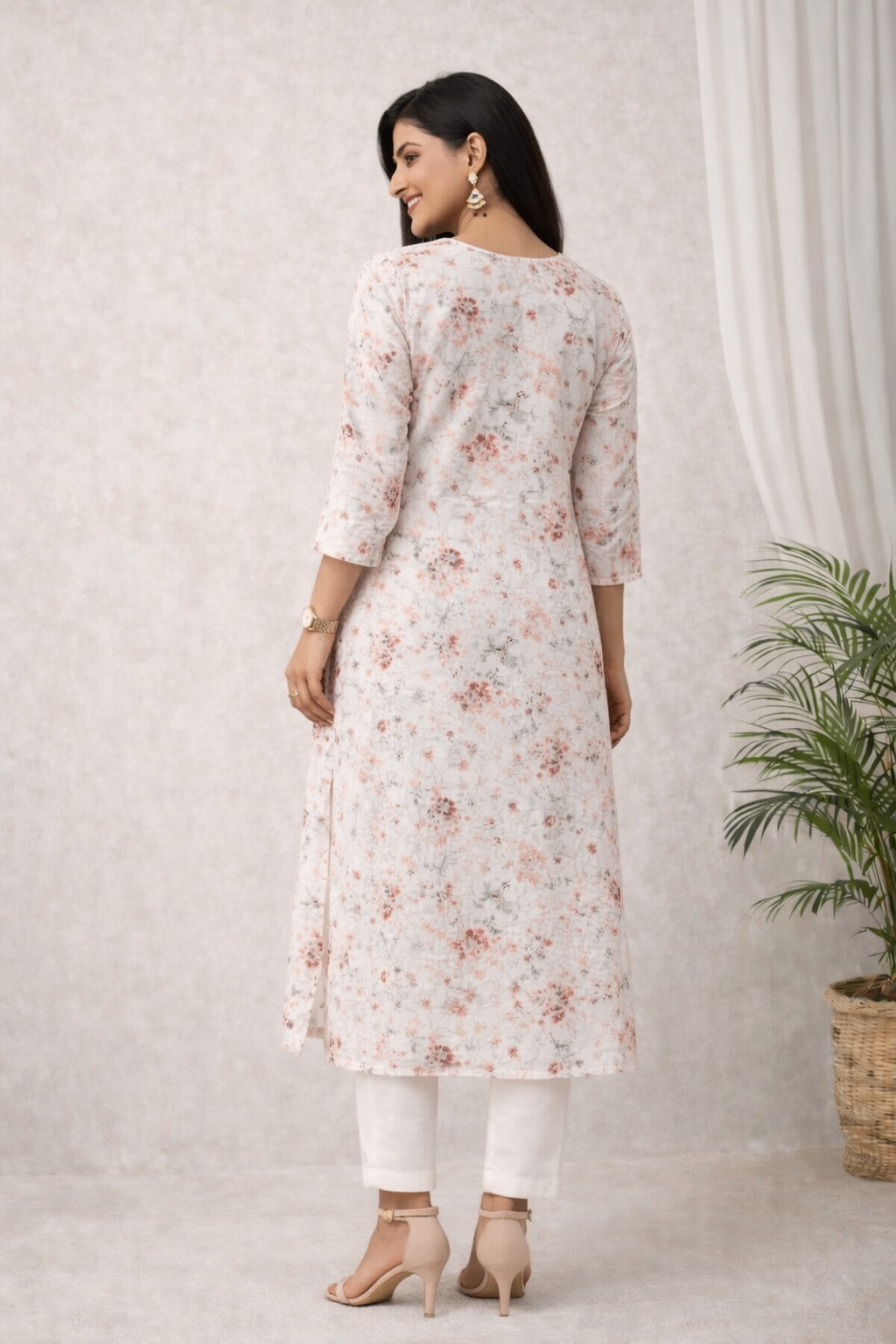 Karigiri Off-White Peach Floral Printed Chikankari Kurta_KF0215