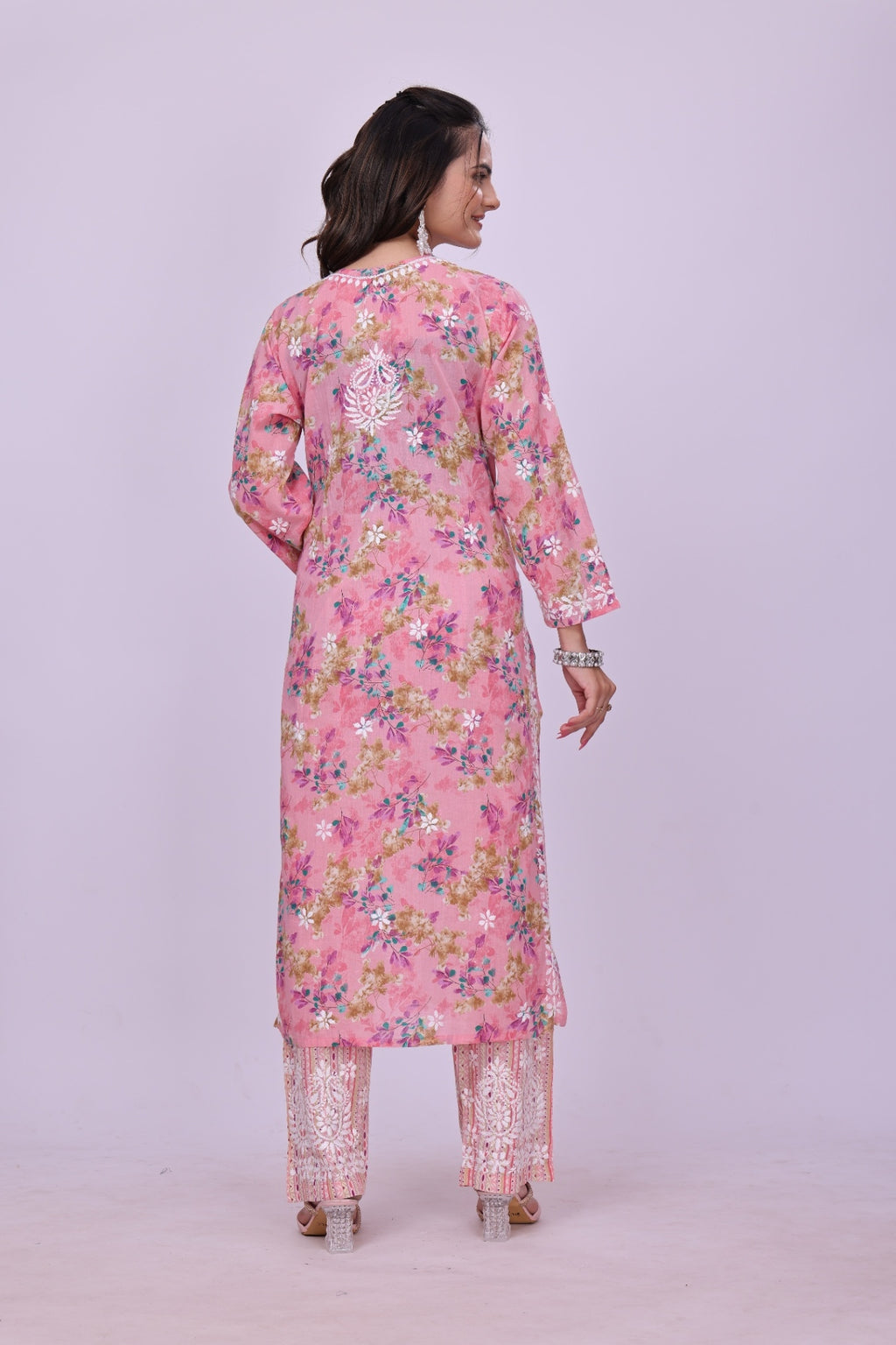 Karigiri Pink Floral Chikankari Cotton Kurti Set_KF0059