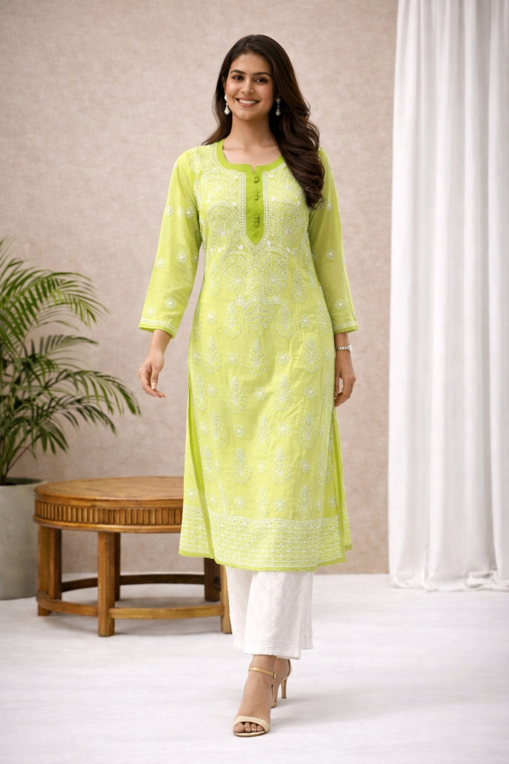 Karigiri Lime Green Chikankari Georgette Kurti_KF0117