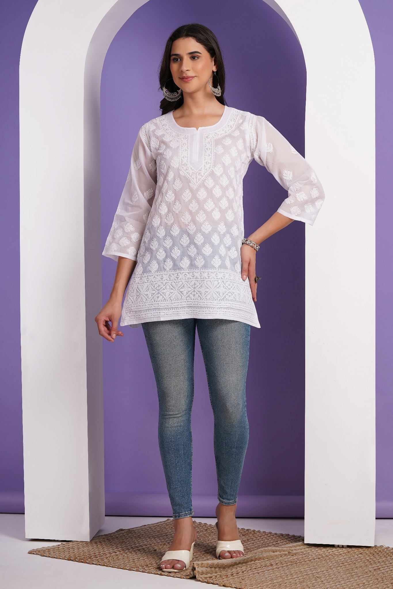 Karigiri White Lucknowi Chikankari Hand Embroidered Pure Cotton Straight Hip Length Short Kurti, 3/4 Sleeve
