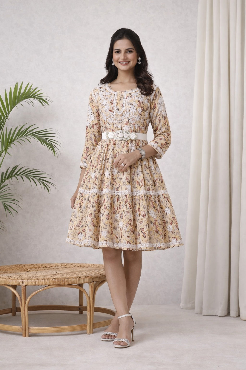 Karigiri Yellow Lucknowi Chikankari Printed Cotton Frock Kurti_KF0213