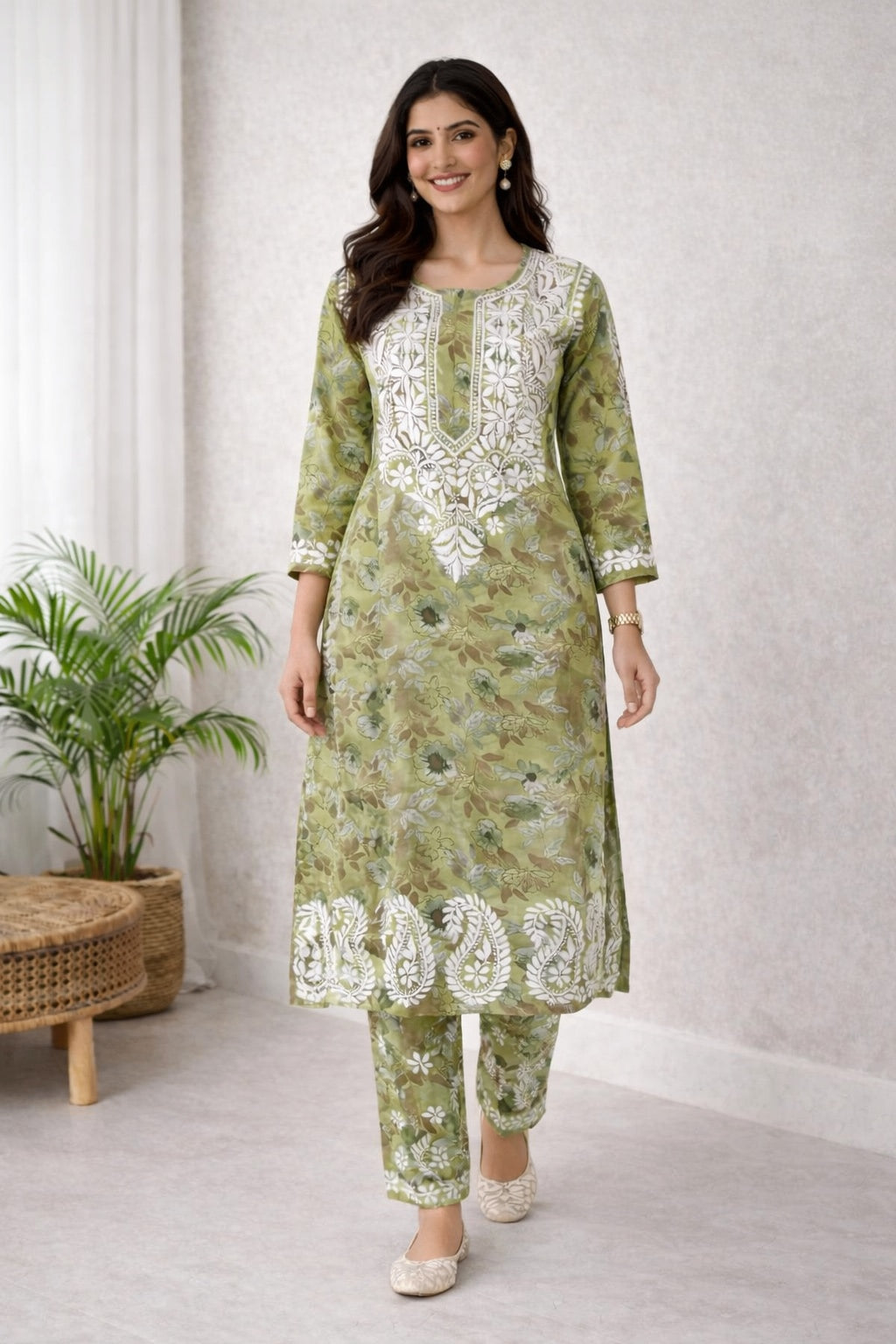 Karigiri Olive Green Chikankari Cotton Kurti Set_KF0138