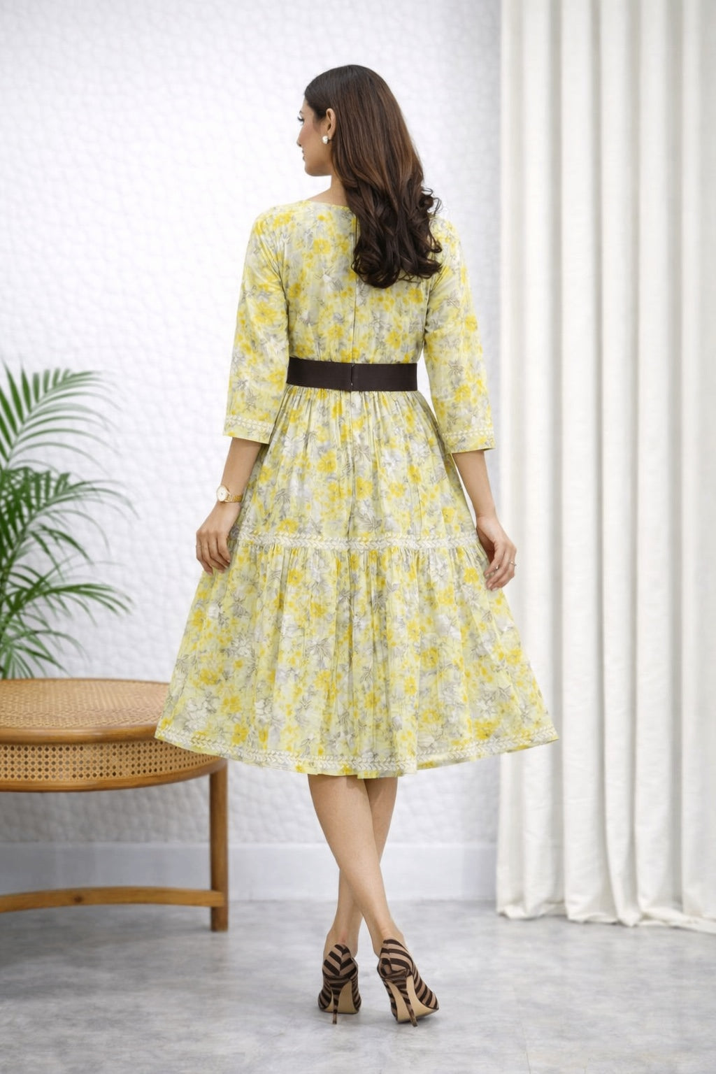 Karigiri Yellow Floral Chikankari Frock Kurti_KF0045