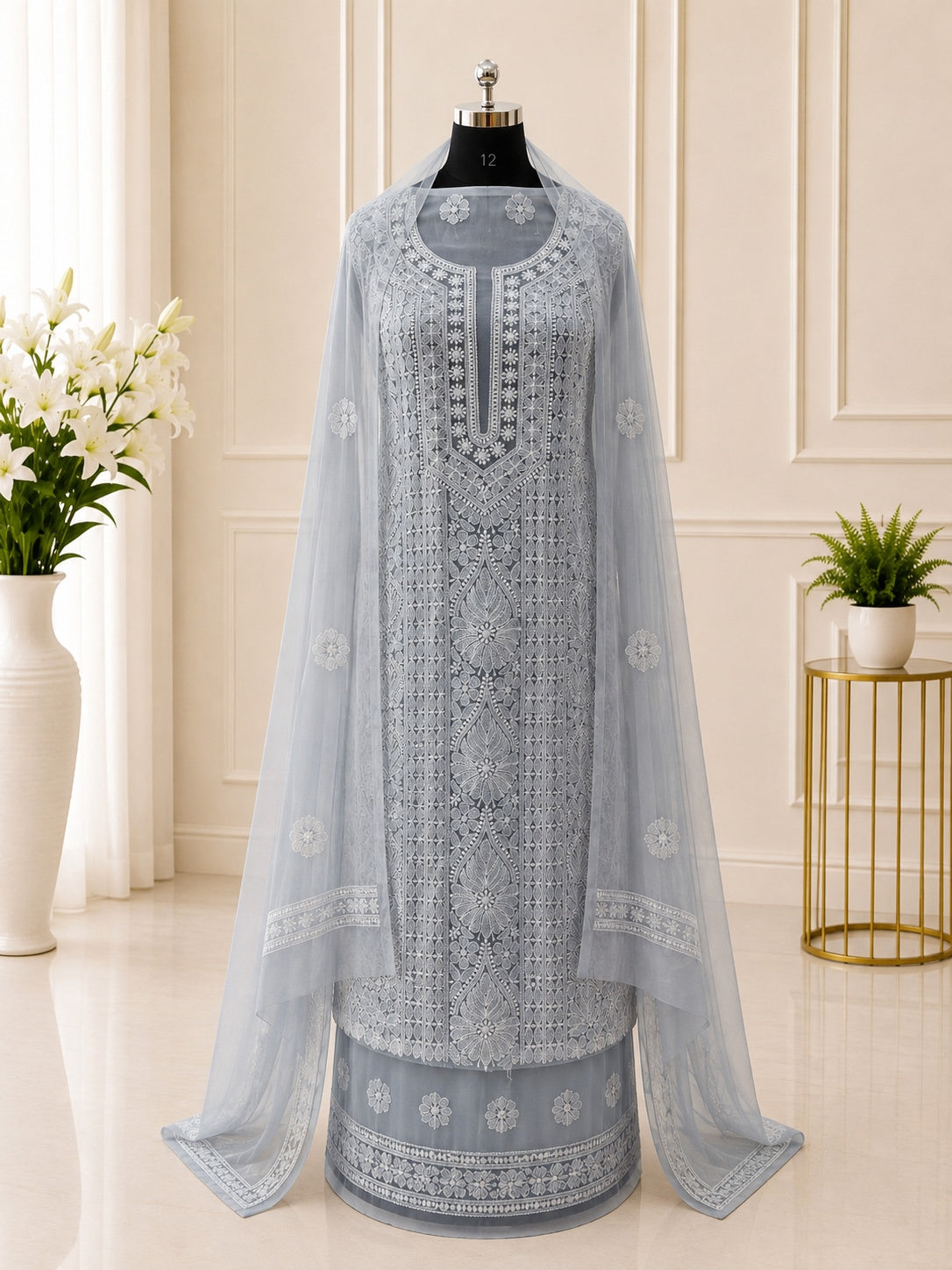 Karigiri Dusty Blue Chikankari Georgette Unstitched Dress Material