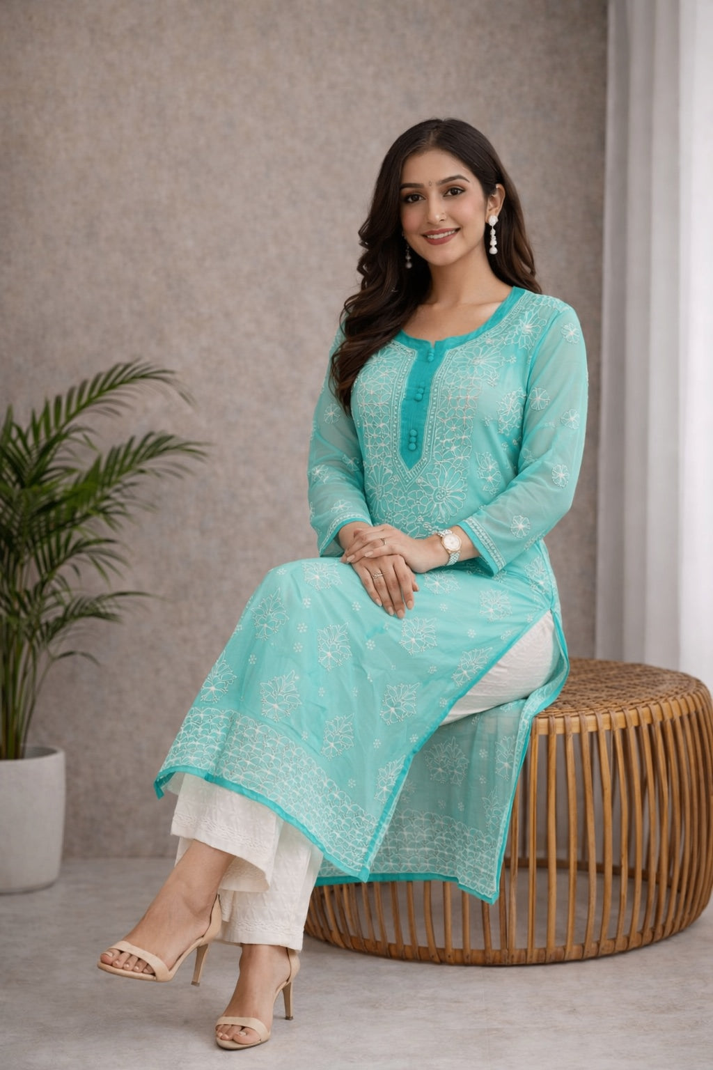 Karigiri Sea Green Chikankari Georgette Kurti Women_KF0176