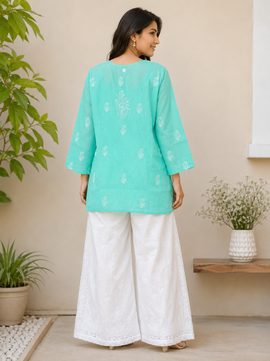 Karigiri Mint Green Hand Embroidered Chikankari Cotton Short Kurti_KF0303