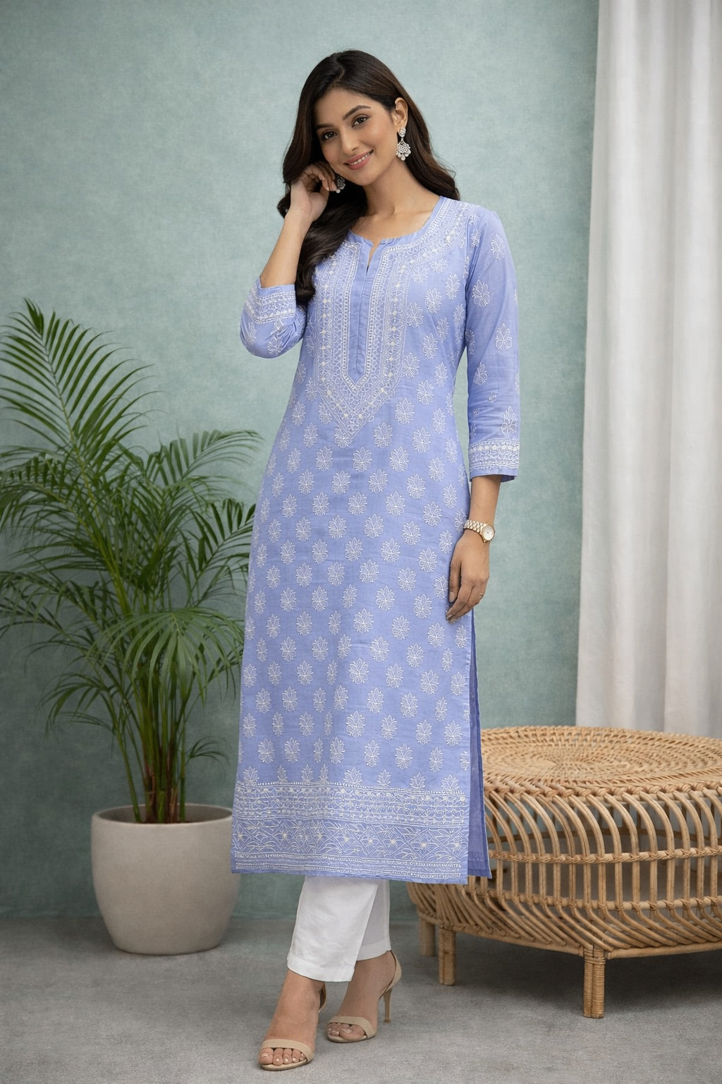 Karigiri Women’s Pure Soft Cotton Kurti, Lavender Blue with Lucknowi Chikankari Embroidery, Straight Fit, Round Neck, 3/4 Sleeves