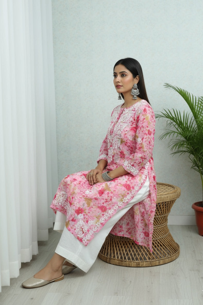 Karigiri Pink Floral Chikankari Printed Cotton Kurta_KF0218
