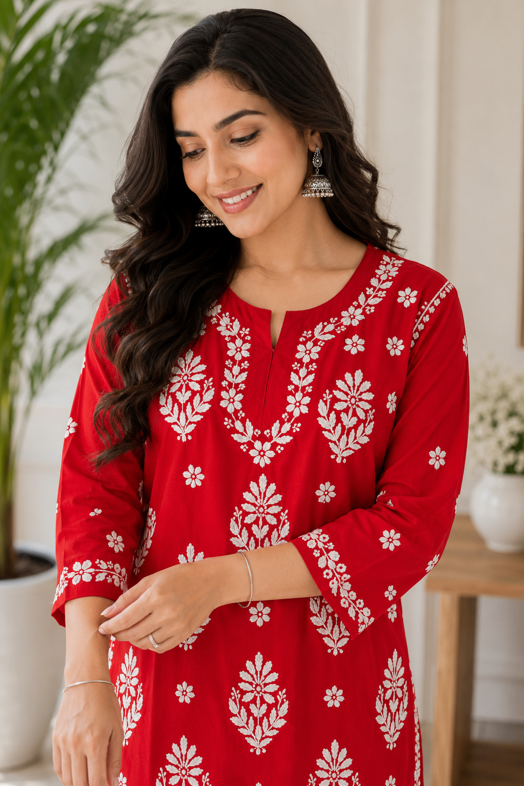 Karigiri Red Chikankari Mulmul Cotton Kurti Women_KF0066