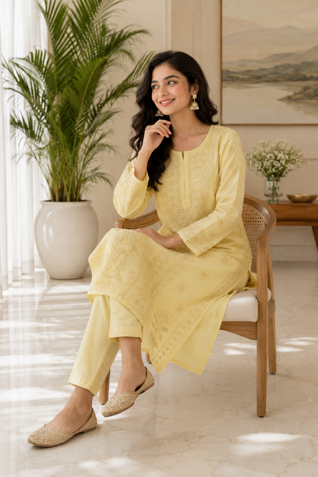 Karigiri Light Yellow Chikankari Cotton Kurti Women_KF0055