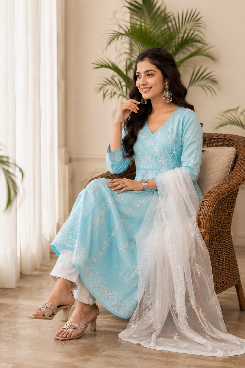 Karigiri Sky Blue Hand Embroidered Chikankari Cotton Anarkali Kurti