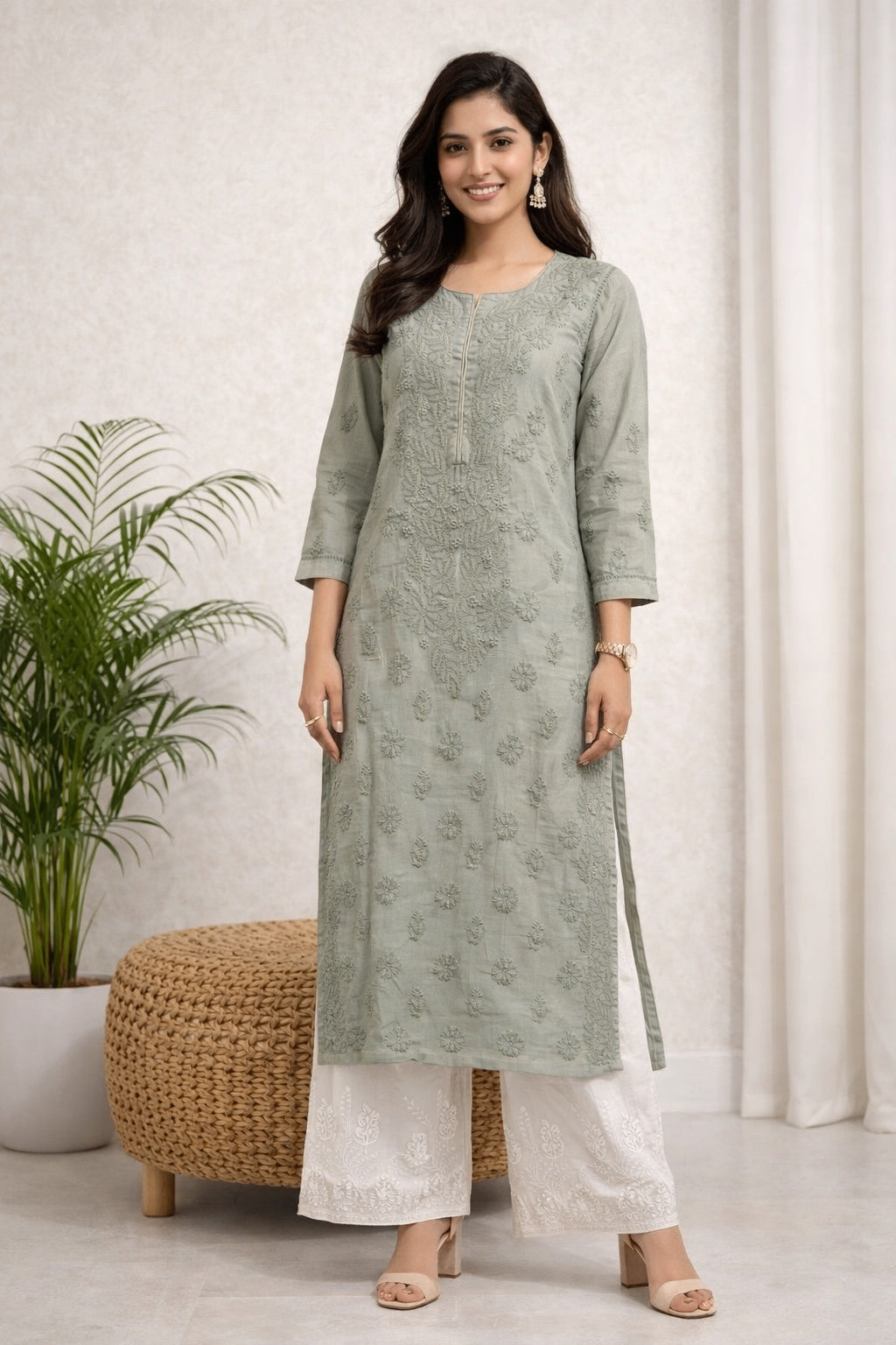 Karigiri Sage Green Chikankari Rayon Cotton Kurti_KF0099