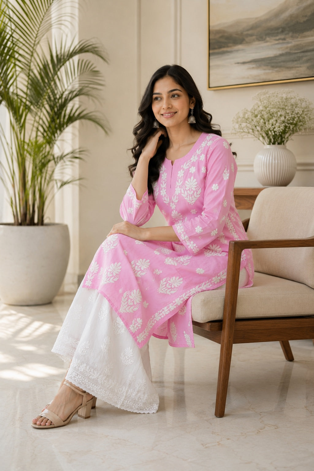 Karigiri Baby Pink Chikankari Mulmul Cotton Kurti_KF0005