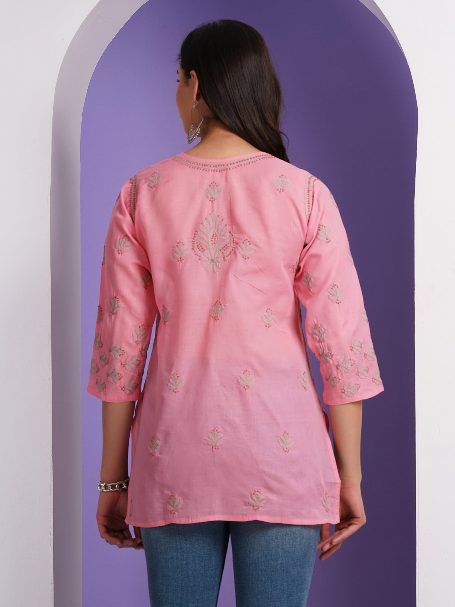 Karigiri Lucknowi Chikankari Hand Embroidered Pure Cotton Straight Hip Length Short Kurti, 3/4 Sleeve, Ethnic Wear for Women