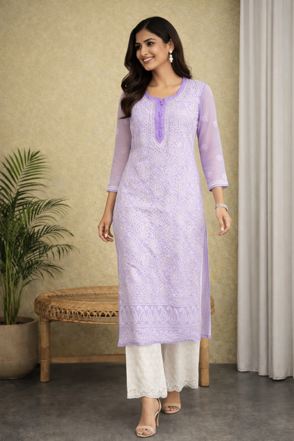 Karigiri Lavender Chikankari Front Allover work Georgette Kurti Women_KF0109