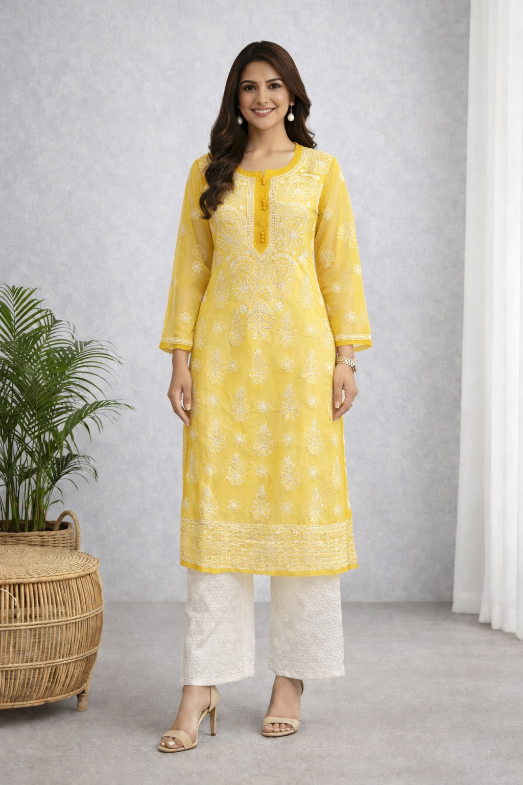 Karigiri Sunshine Yellow Georgette Chikankari Kurti Women_KF0056