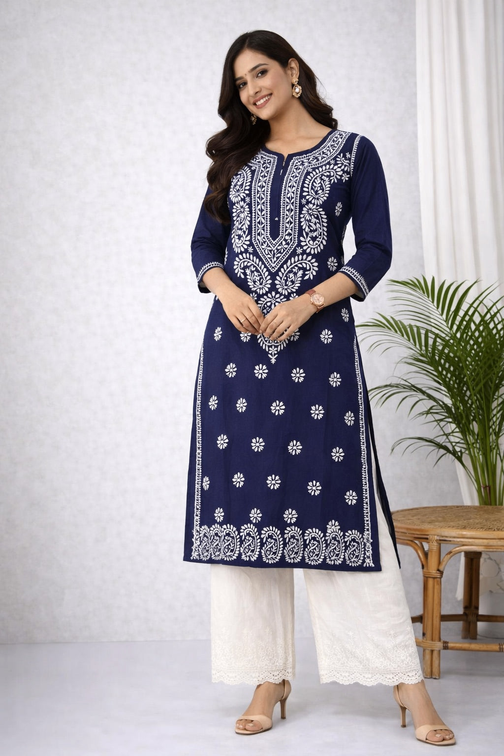 Karigiri Navy Blue Chikankari Soft Cotton Kurta_KF0063