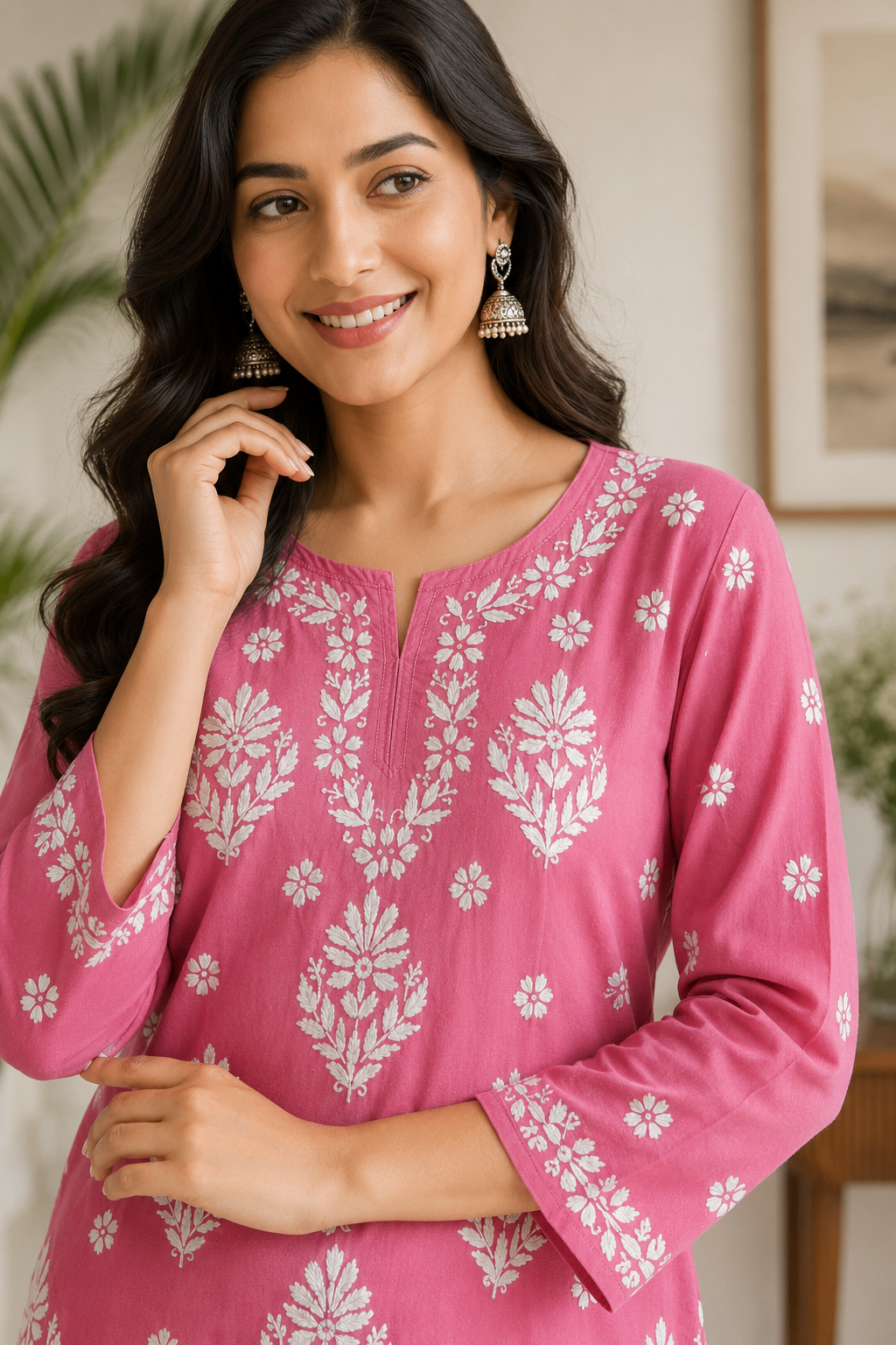 Karigiri Rose Pink Chikankari Mulmul Cotton Kurti_KF0169