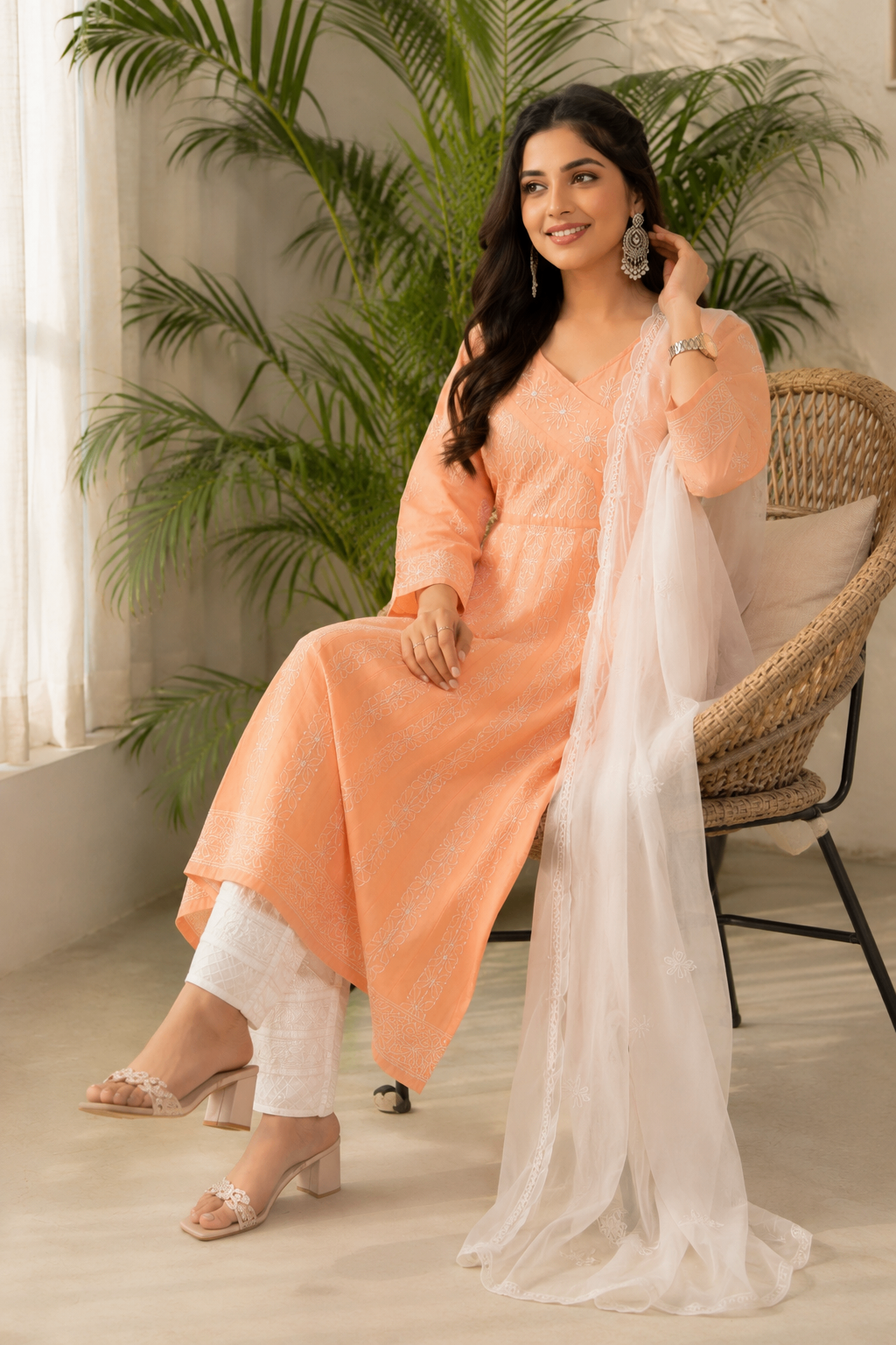Karigiri Peach Hand Embroidered Chikankari Cotton Anarkali Kurti