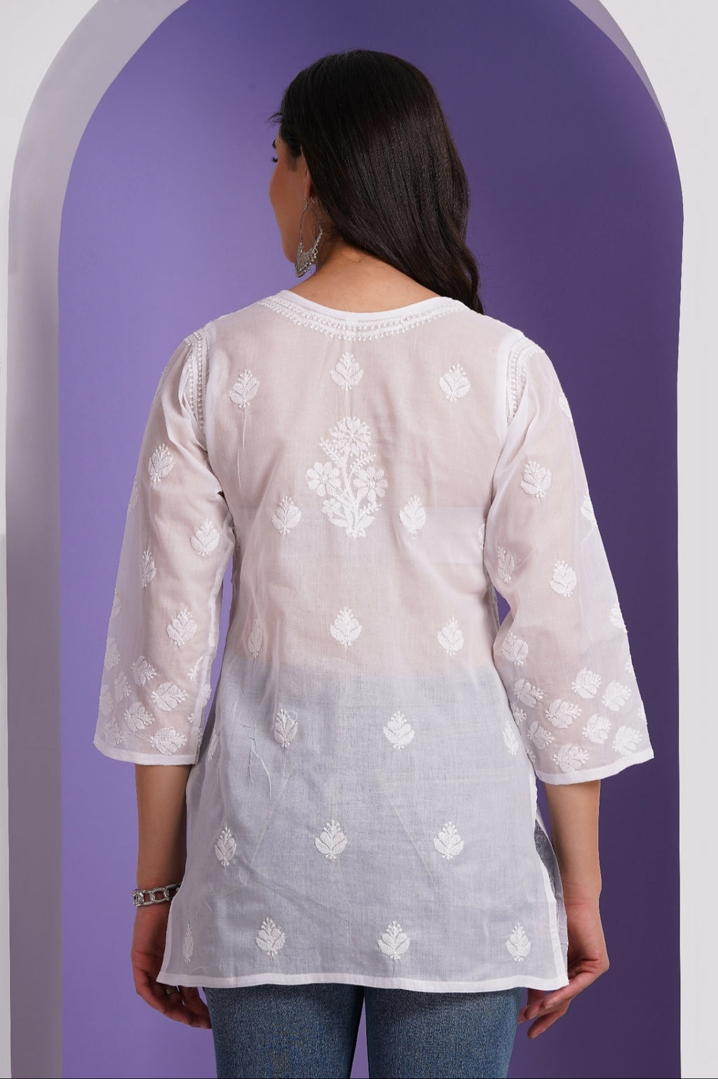 Karigiri White Lucknowi Chikankari Hand Embroidered Pure Cotton Straight Hip Length Short Kurti, 3/4 Sleeve