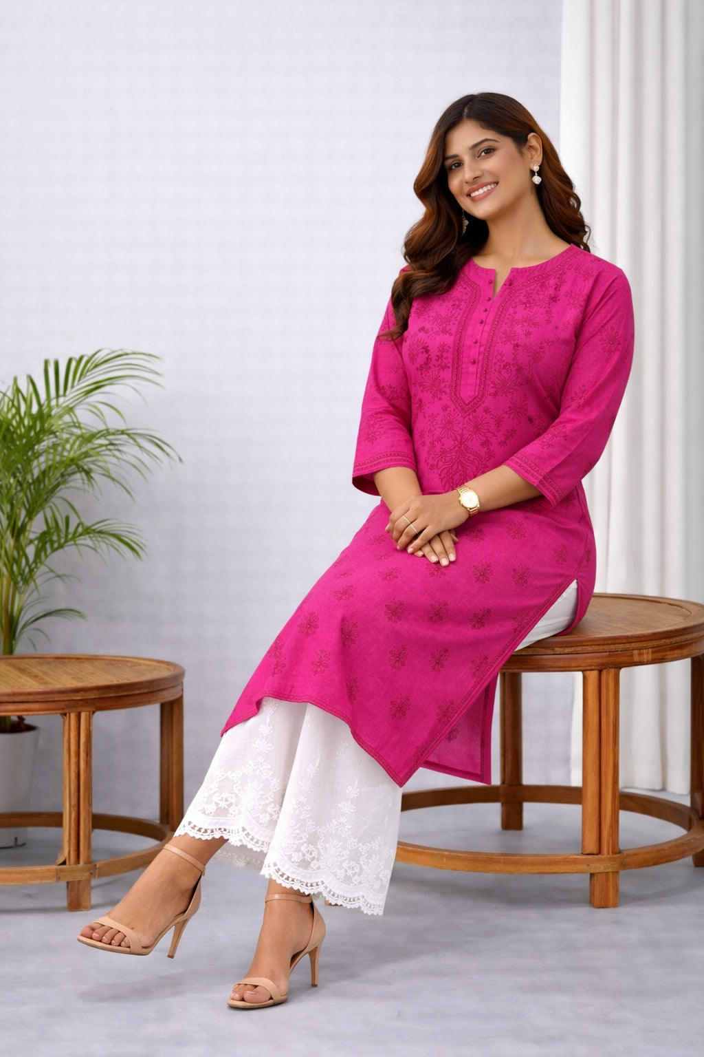 Karigiri Fuchsia Pink Chikankari Cotton Kurti_KF0050
