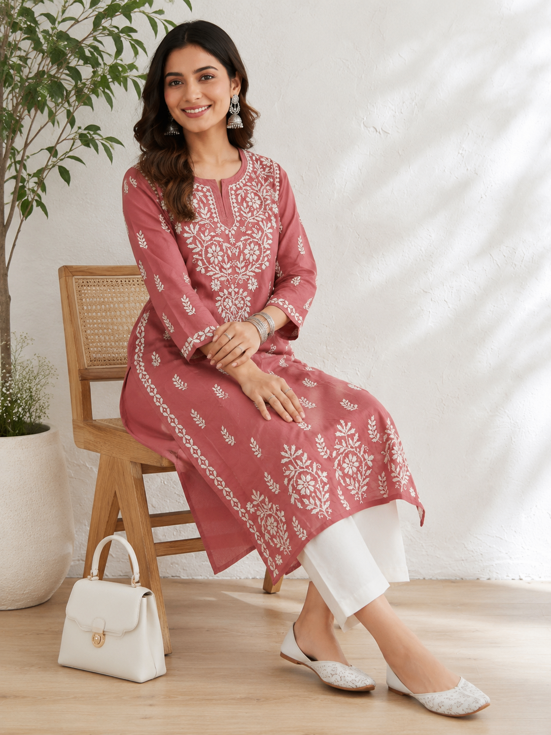 Karigiri Rose Pink Lucknowi Chikankari Hand Embroidered Soft Mulmul Cotton Straight Kurti for Women, 3/4 Sleeve, Calf Length Ethnic Wear_KFRP0416