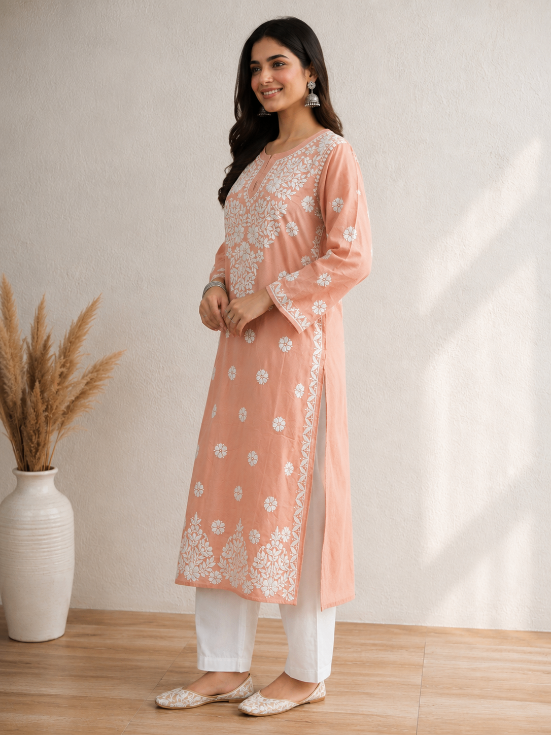Karigiri Peach Pink Lucknowi Chikankari Hand Embroidered Mulmul Cotton Straight Kurti with White Floral Embroidery, 3/4 Sleeve, Ethnic Wear for Women_KFPP0414