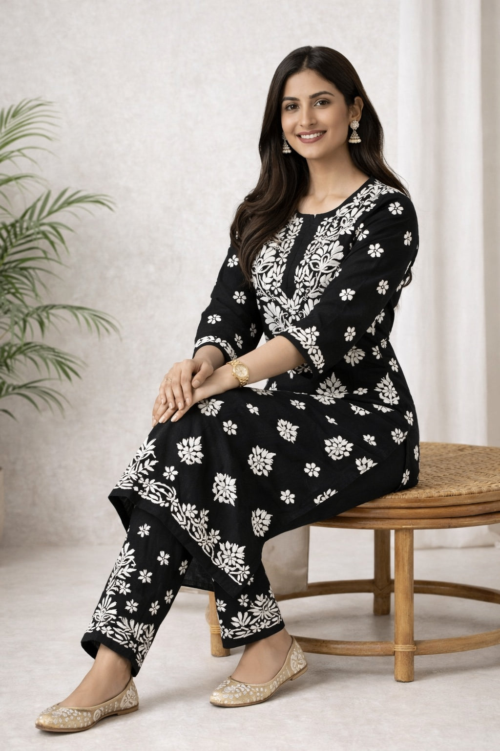 Karigiri Black White Chikankari Cotton Kurti Set_KF0009
