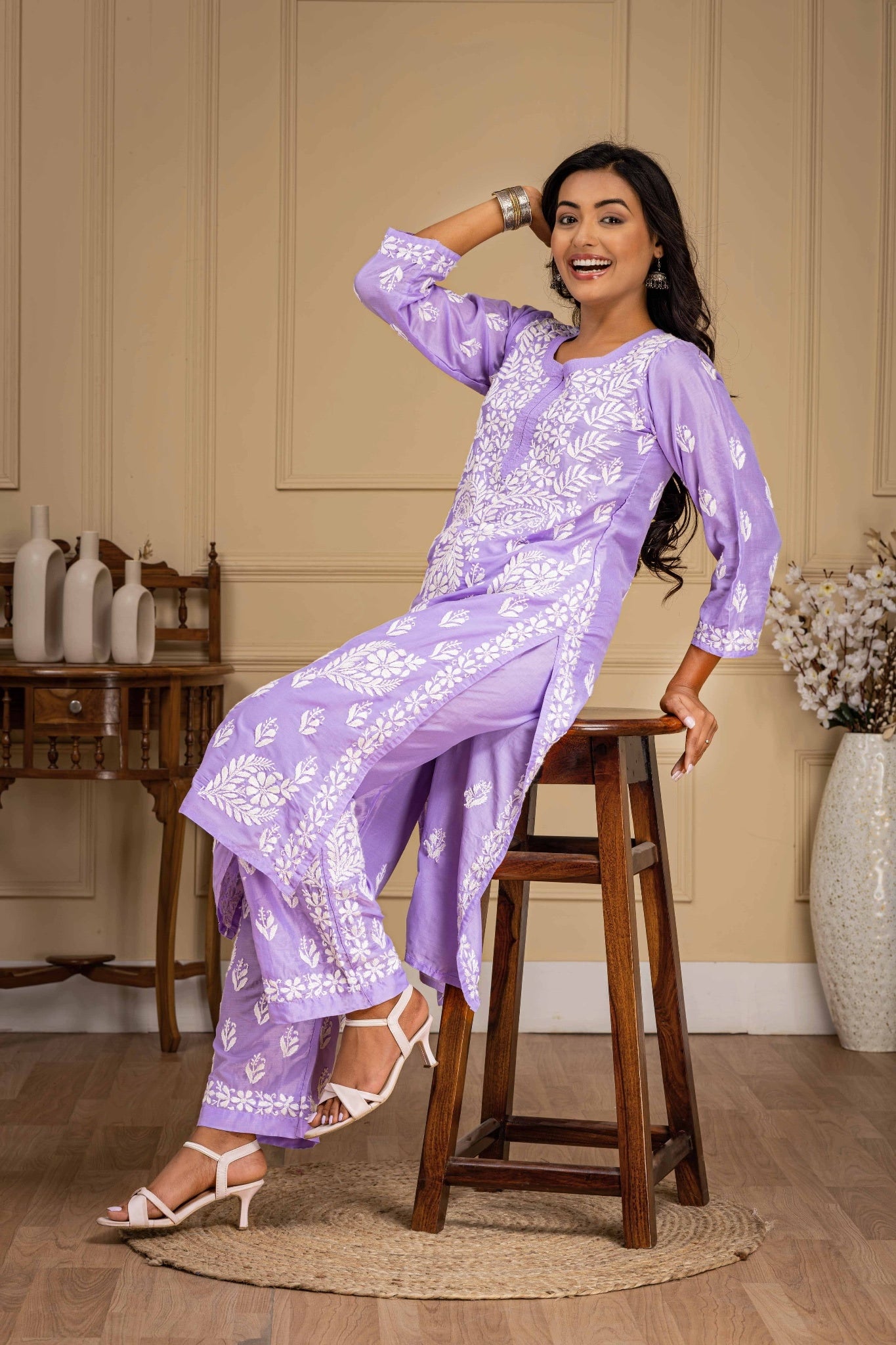Karigiri Lavender Chikankari Hand Embroidered Muslin Kurti Set with White Floral Motifs, 3/4 Sleeves